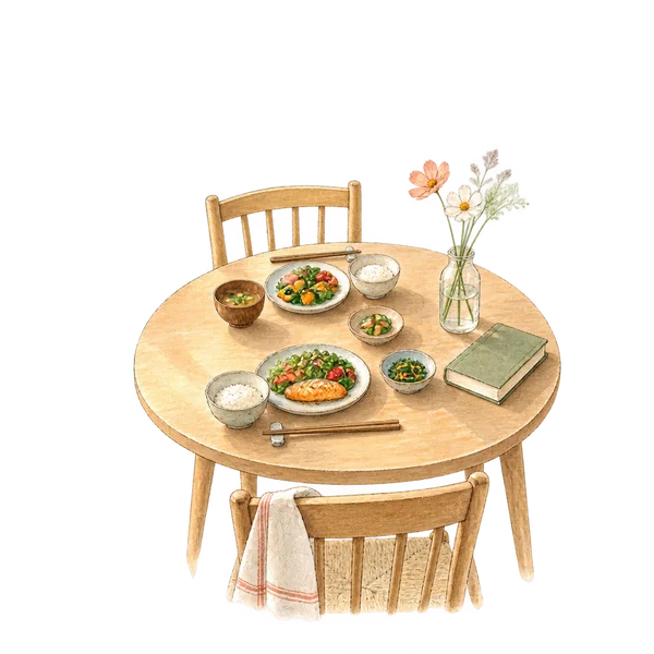 兩人份的家常飯菜擺在圓桌上，旁邊放著一本書與一小瓶花。